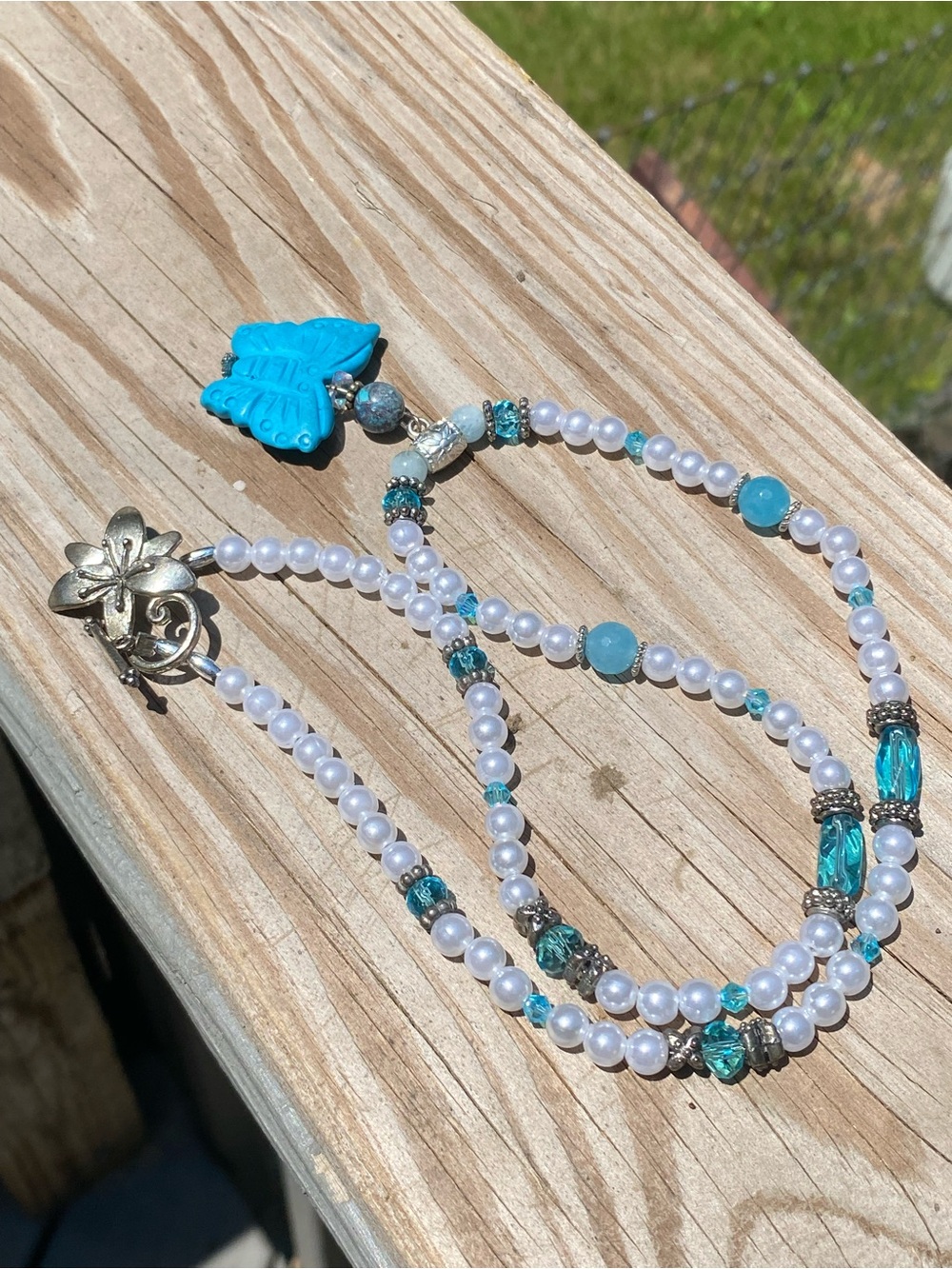 Handcrafted Artisan Turquoise Butterfly Pendant Necklace Mixed Media - Picture 4 of 14